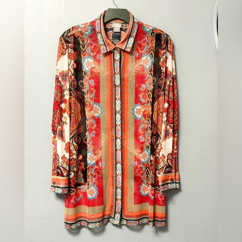 #5)  Multi Color Chico's Red and Orange Sheer Paisley Button Down Shirt